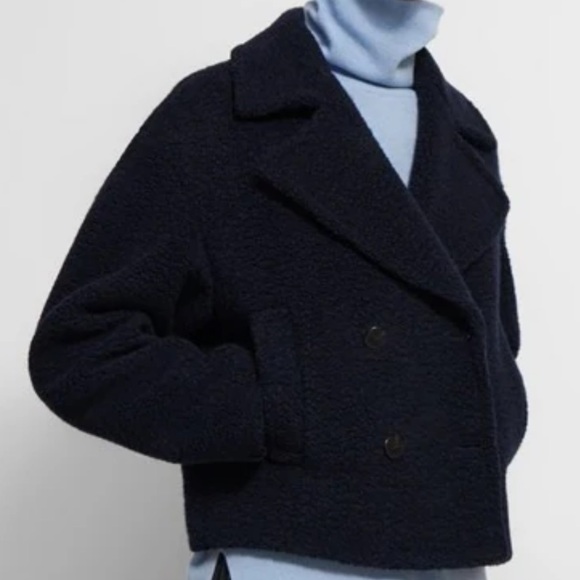 NWT Theory Cropped Faux Fur Pea Coat Dark Navy Blue Teddy Fleece Large